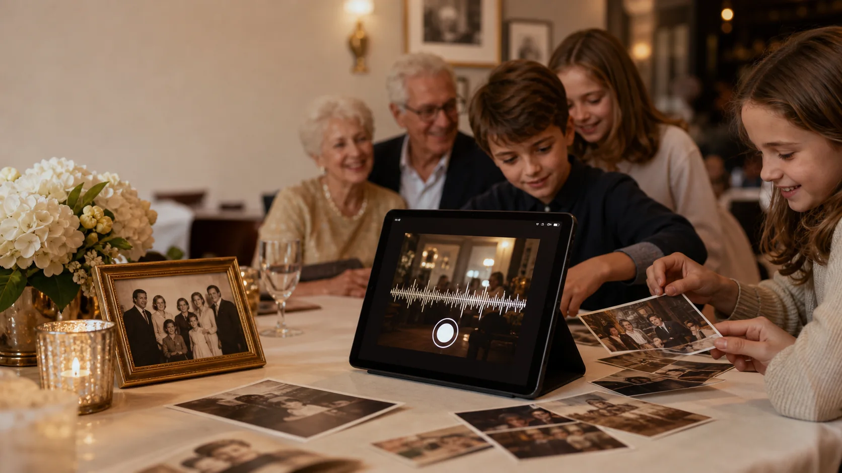 Familie hört Erinnerungen an eine Goldene Hochzeit auf einem Tablet