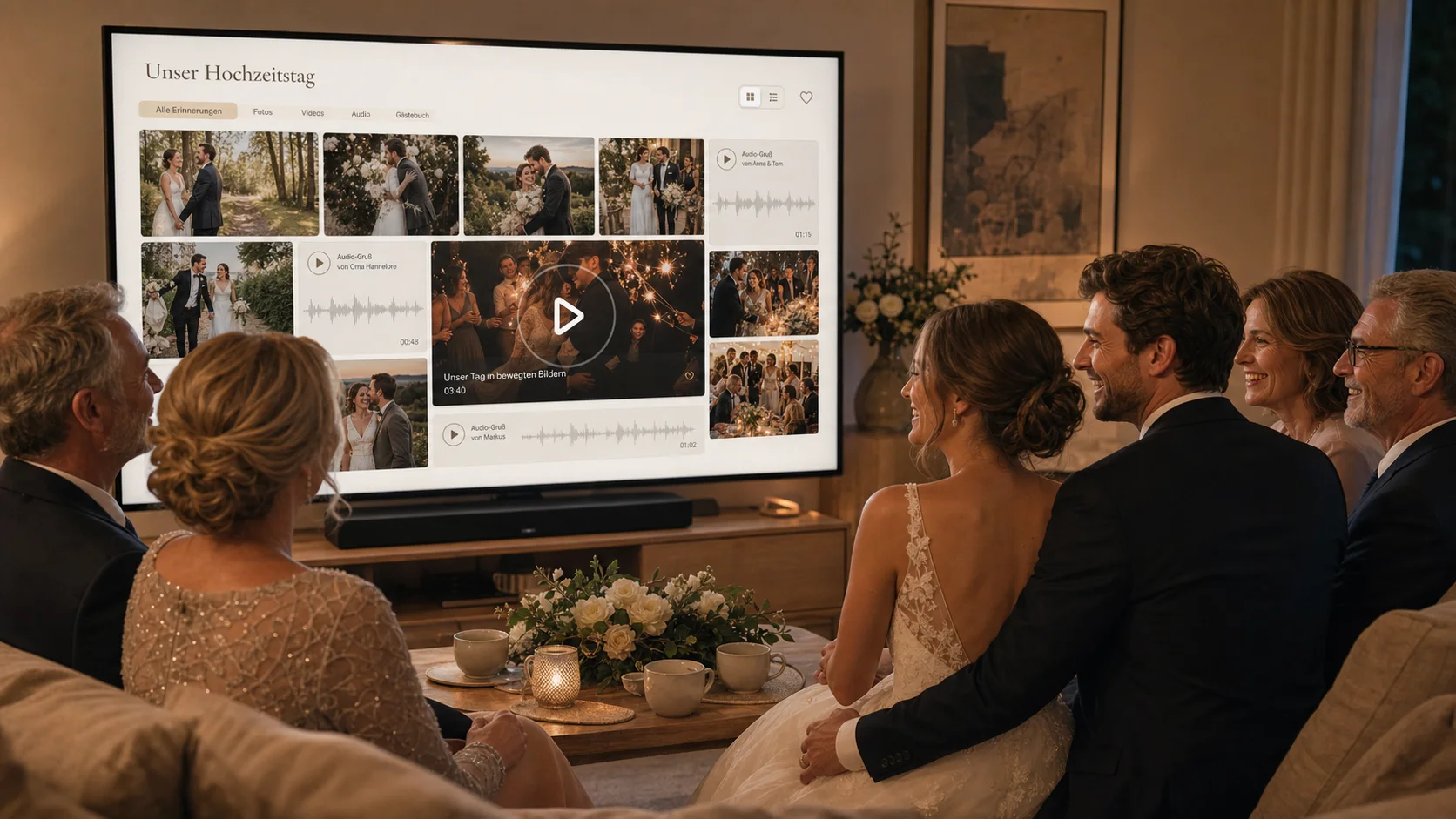 Familie schaut ein fertiges digitales Grußalbum gemeinsam auf dem Fernseher an