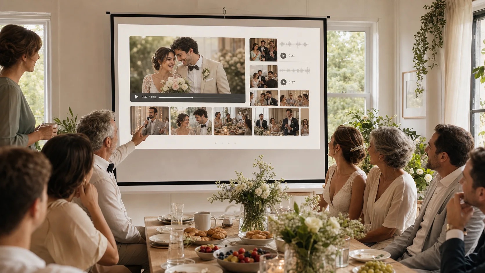 Familie und Freunde schauen ein fertiges digitales Hochzeitsalbum auf einer Leinwand an