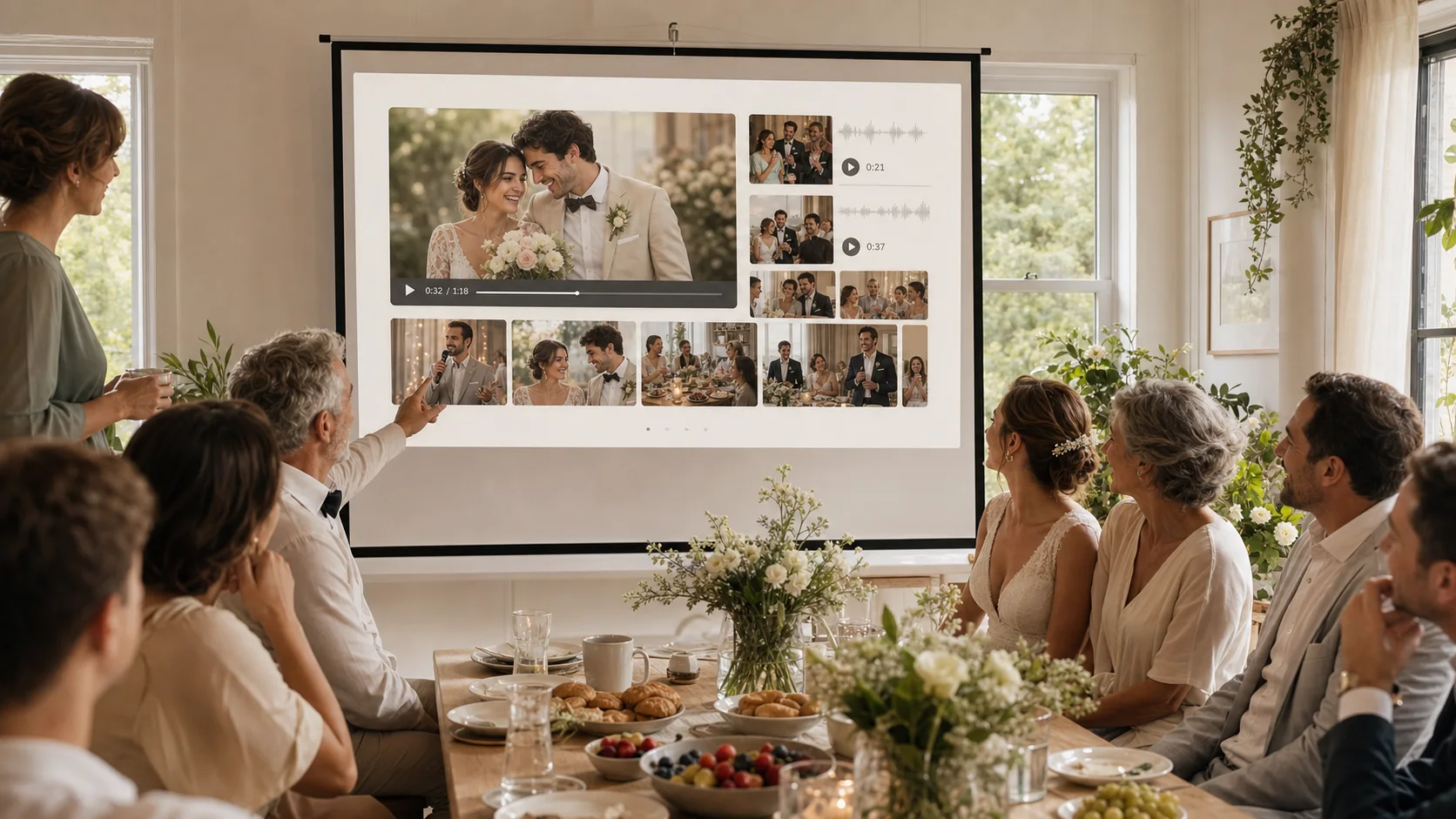 Familie und Freunde schauen ein fertiges digitales Hochzeitsalbum auf einer Leinwand an